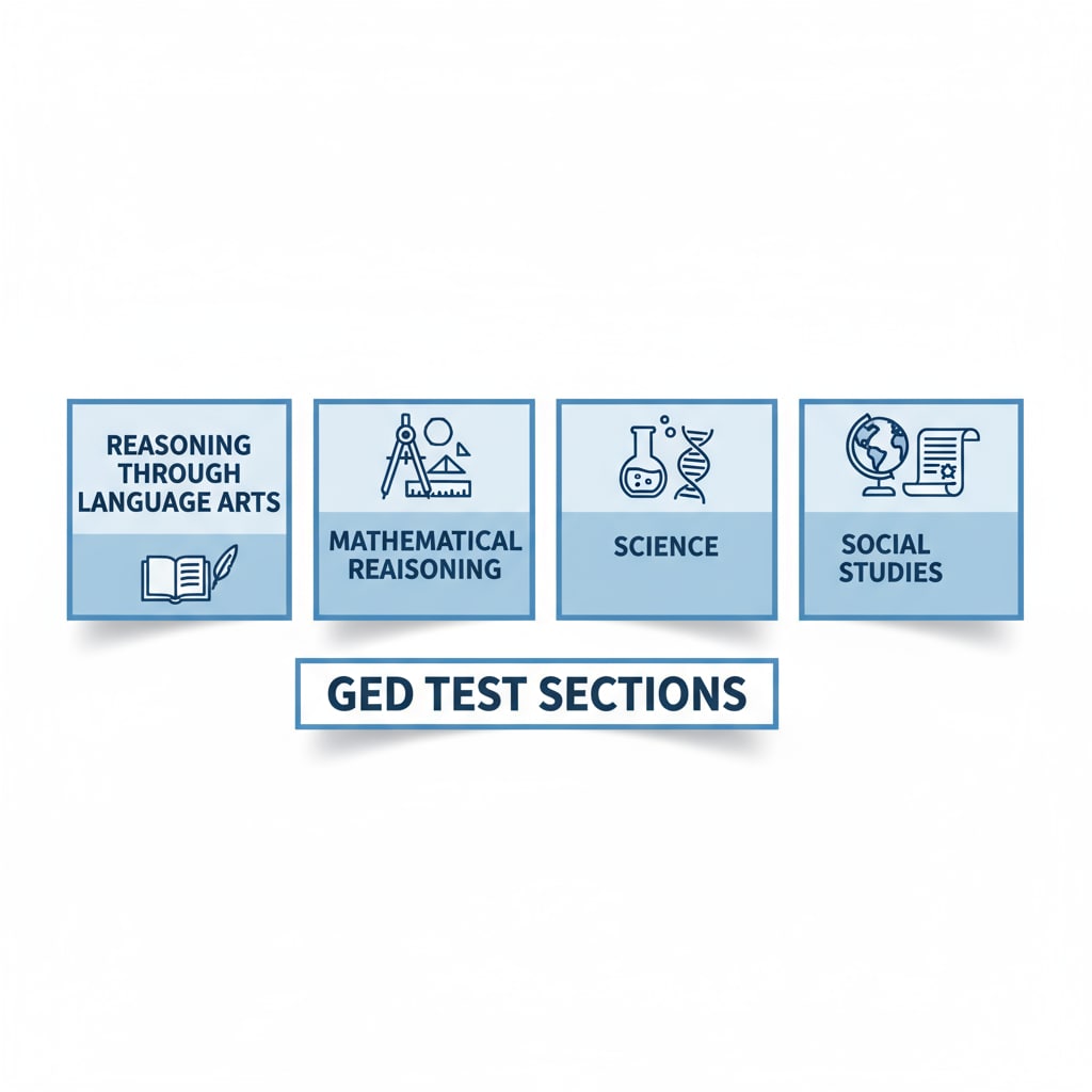 A chart with four boxes labeled with the four GED test sections: Reasoning Through Language Arts, Mathematical Reasoning, Science, and Social Studies. The four sections of the GED test for low-income adults seeking high school completion