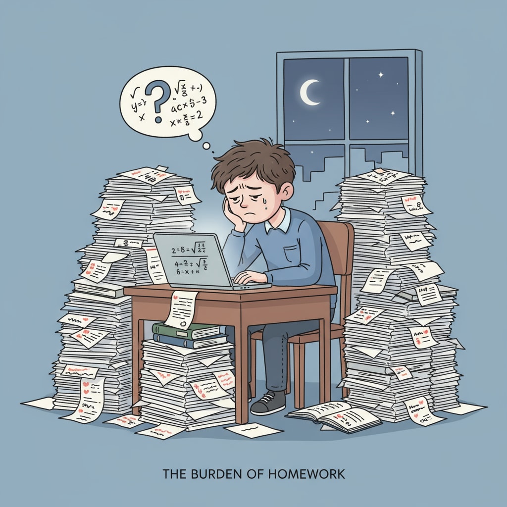 A student sitting at a desk, looking tired and frustrated while surrounded by piles of traditional homework papers. Student experiencing burnout due to traditional homework, highlighting the need for alternatives like project - based learning