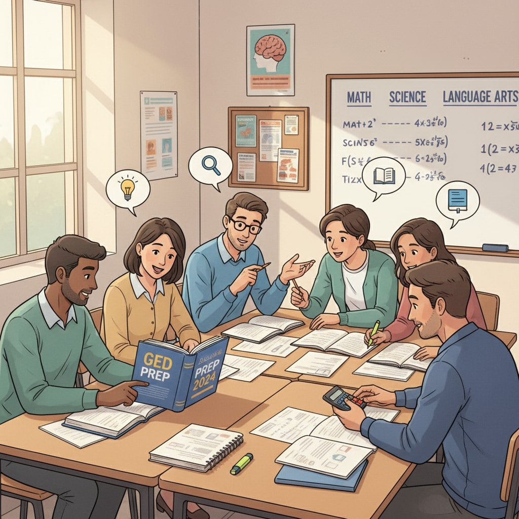 A group of students are sitting at desks, looking at study materials and discussing, focused on preparing for their GED certificates. Students studying for GED certificates to improve their employment prospects despite facing depression.