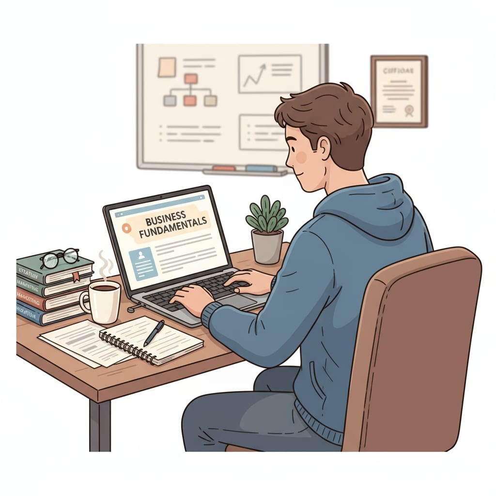A young entrepreneur is sitting at a desk, using a laptop to study an online course. There are books and a cup of coffee on the desk, indicating a focused learning environment. A young entrepreneur engaged in online learning for education completion, high school diploma, and further studies