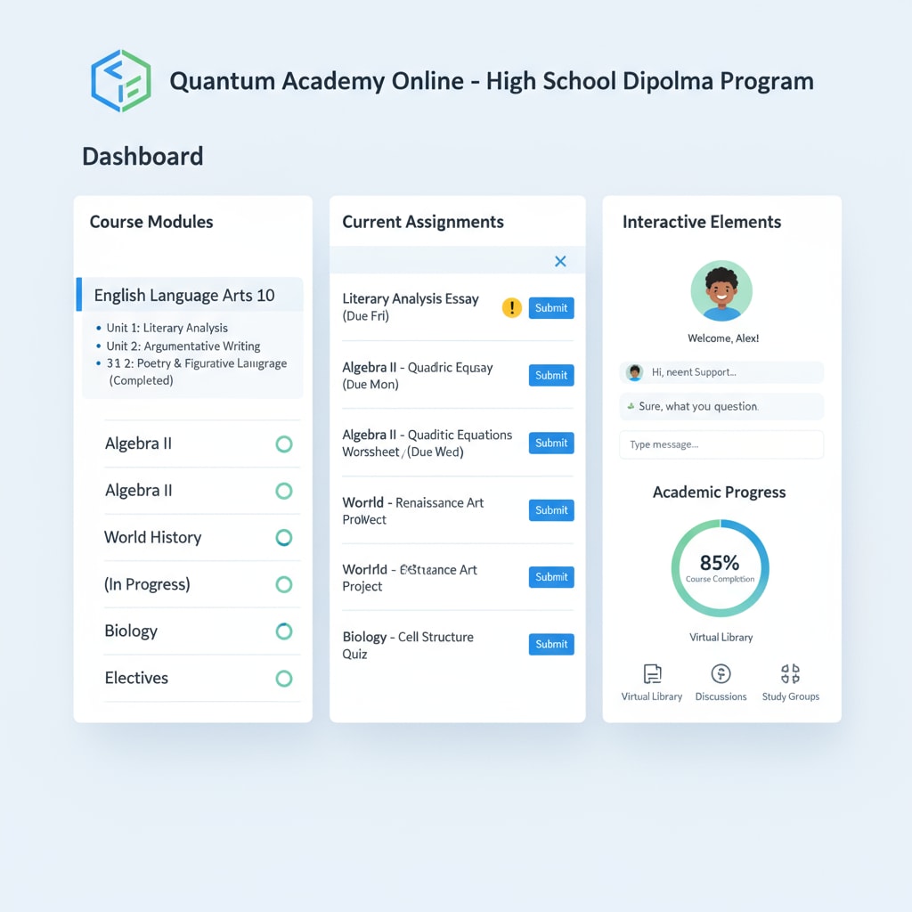 A screenshot of an online high school diploma course platform, showing the course modules, assignment sections, and interactive elements. Screenshot of an online platform for high school diploma completion as part of education through online learning
