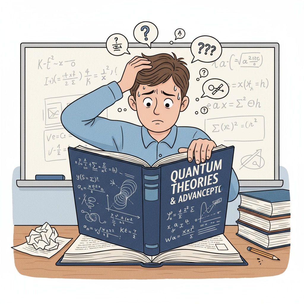 A student is sitting at a desk, looking confused while reading a thick theoretical textbook. The textbook has complex equations and concepts, and the student seems to be struggling to understand them. Student with attention deficit facing difficulties in traditional theoretical learning