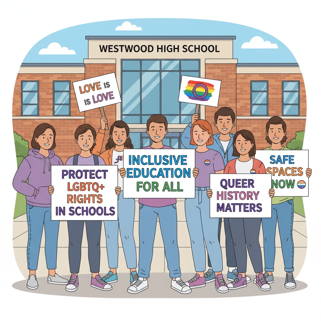 A group of LGBTQ+ individuals holding signs that say things like 'Inclusive Education for All' and 'Protect LGBTQ+ Rights in Schools'. They are standing together in front of a school building. A group of LGBTQ+ individuals showing support for inclusive education in front of a school