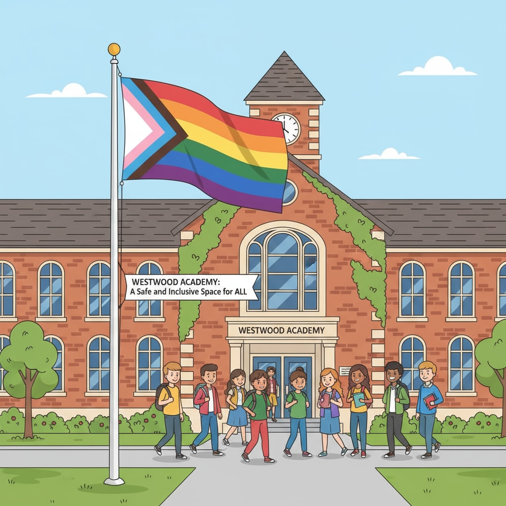 A pride flag is flying outside a school building, with students walking in and out. The flag represents the school's support for the LGBTQ+ community. A pride flag flying outside a school building indicating support for LGBTQ+ students
