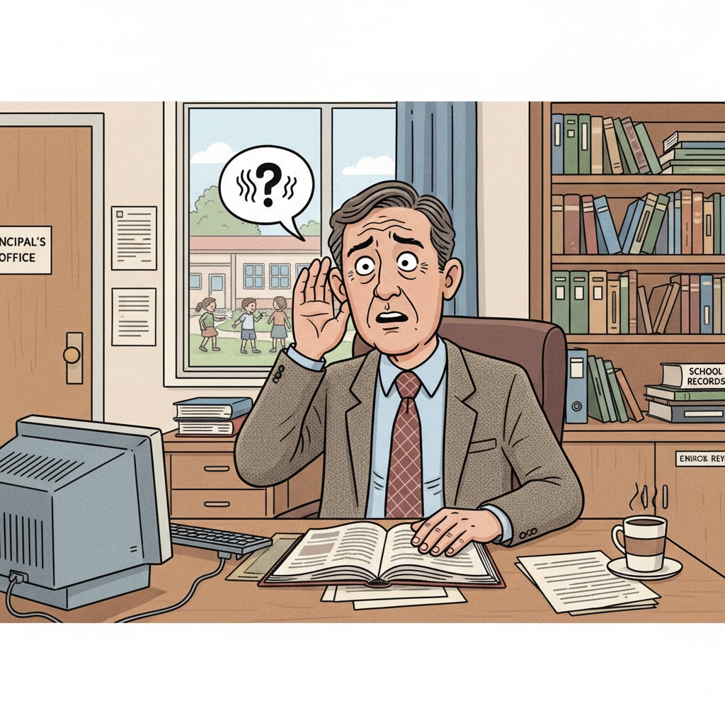 A person is sitting in a school office, with a confused expression on their face as they hear a sound coming from somewhere. A person confused by the sound which might be a violin or crying in a school office