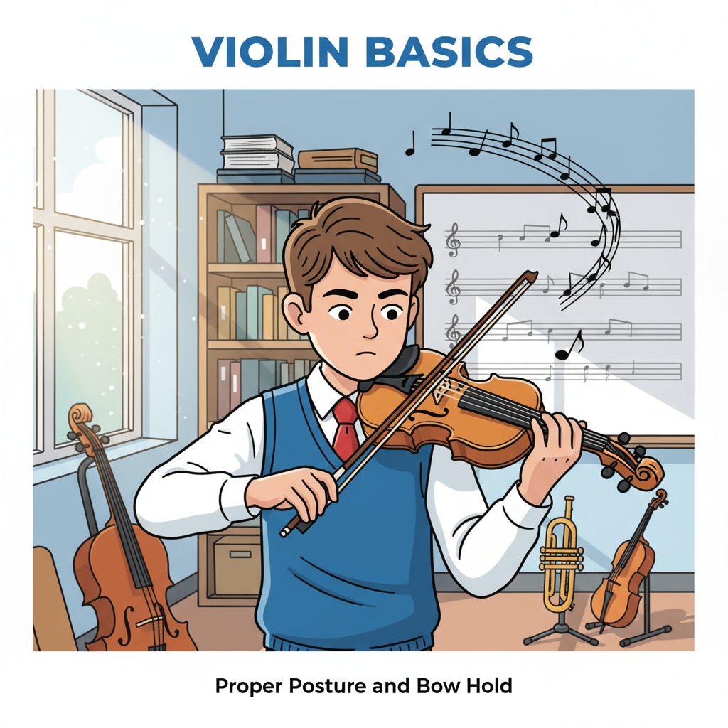 A young student is playing the violin in a school music room, with a focused look on their face. A student playing the violin in a school music room where the sound was initially mistaken for crying