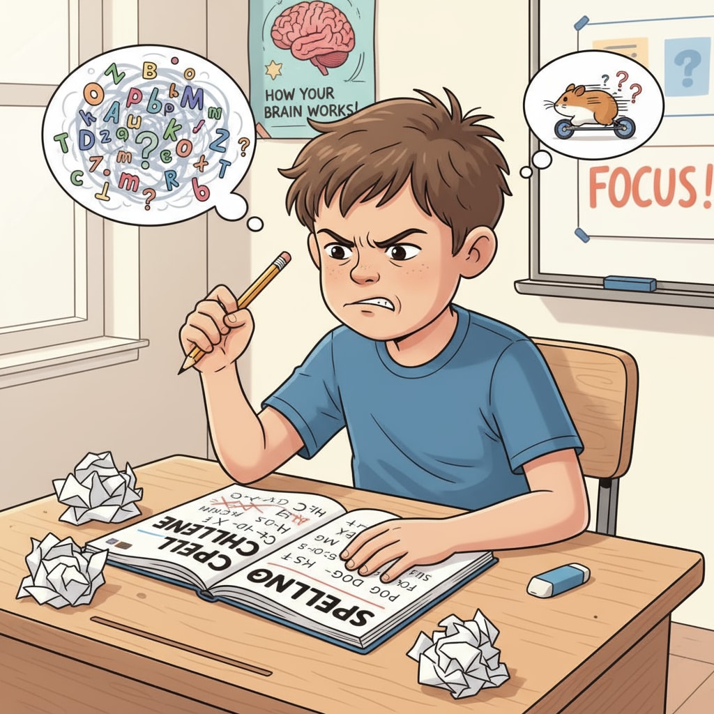 A child with ADHD is seen looking frustrated while sitting at a desk, trying to spell words from a workbook. The child has a pencil in hand and a frown on their face, indicating the difficulty they are experiencing. A child with ADHD struggling with spelling learning