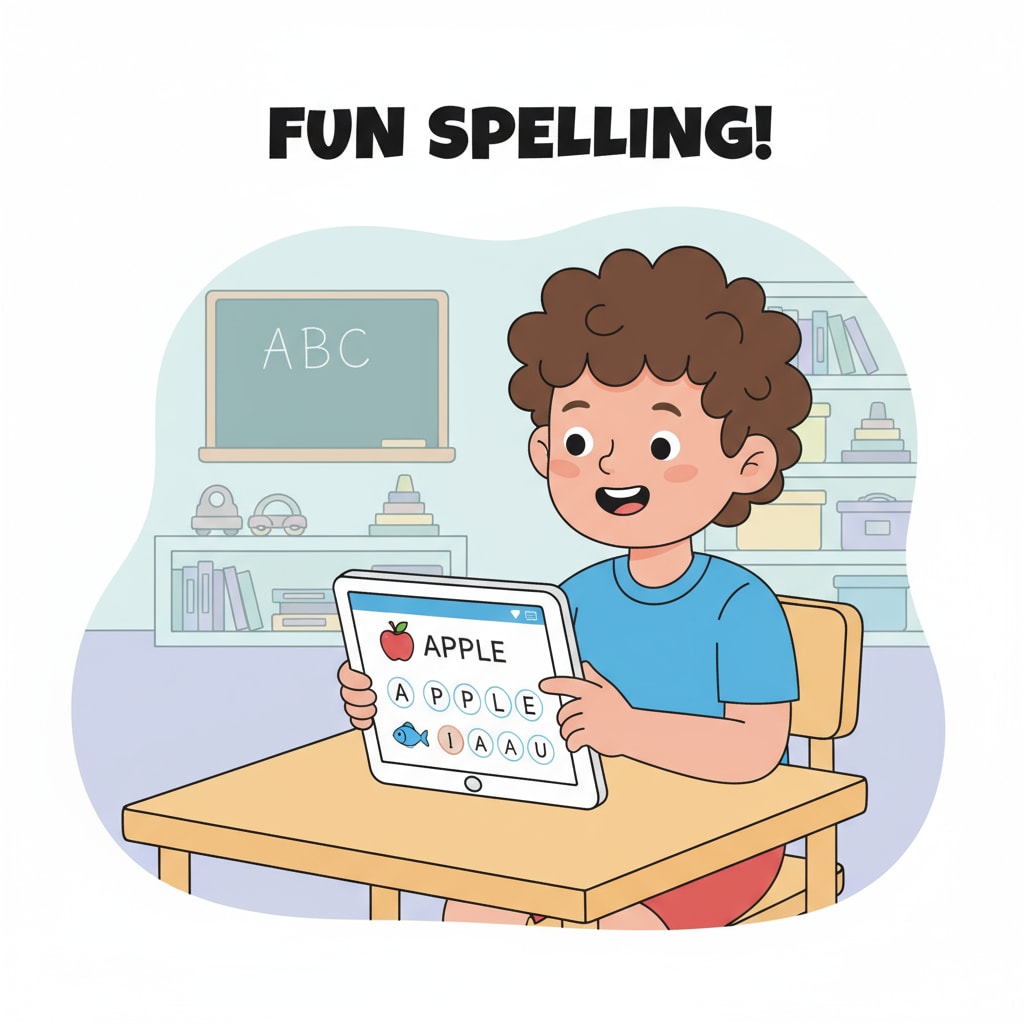A young child is smiling widely while using a tablet with a spelling app on it. The tablet screen shows colorful graphics and word exercises related to spelling. The child's hand is touching the screen, actively engaged in the learning activity. A child using a spelling application for ADHD