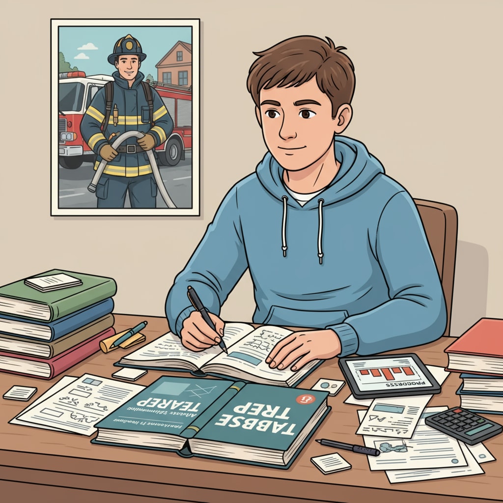 A young person sitting at a desk, surrounded by study materials related to TABE test, with a picture of a firefighter in the background A young aspiring firefighter studying for the TABE test