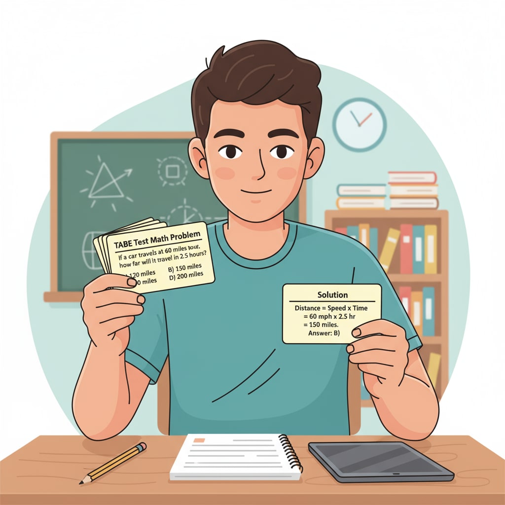 A person using flashcards with TABE test math problems on one side and solutions on the other A person using flashcards to prepare for the TABE test math section