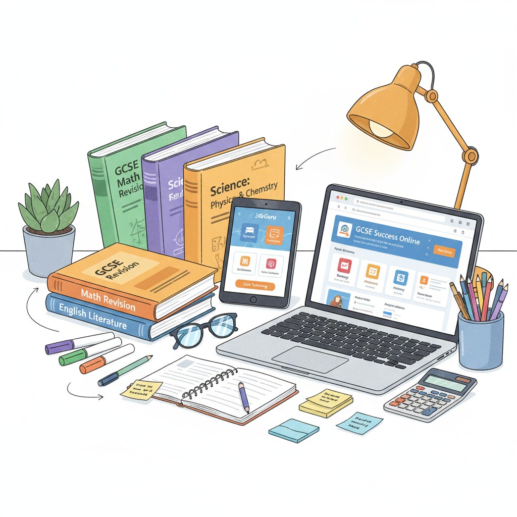 A collection of self-study materials including textbooks, tablets with educational apps, and a laptop displaying an online learning platform, highlighting the various resources available for GCSE self-study. Self-study resources for teenagers aiming to catch up in GCSE courses due to educational neglect