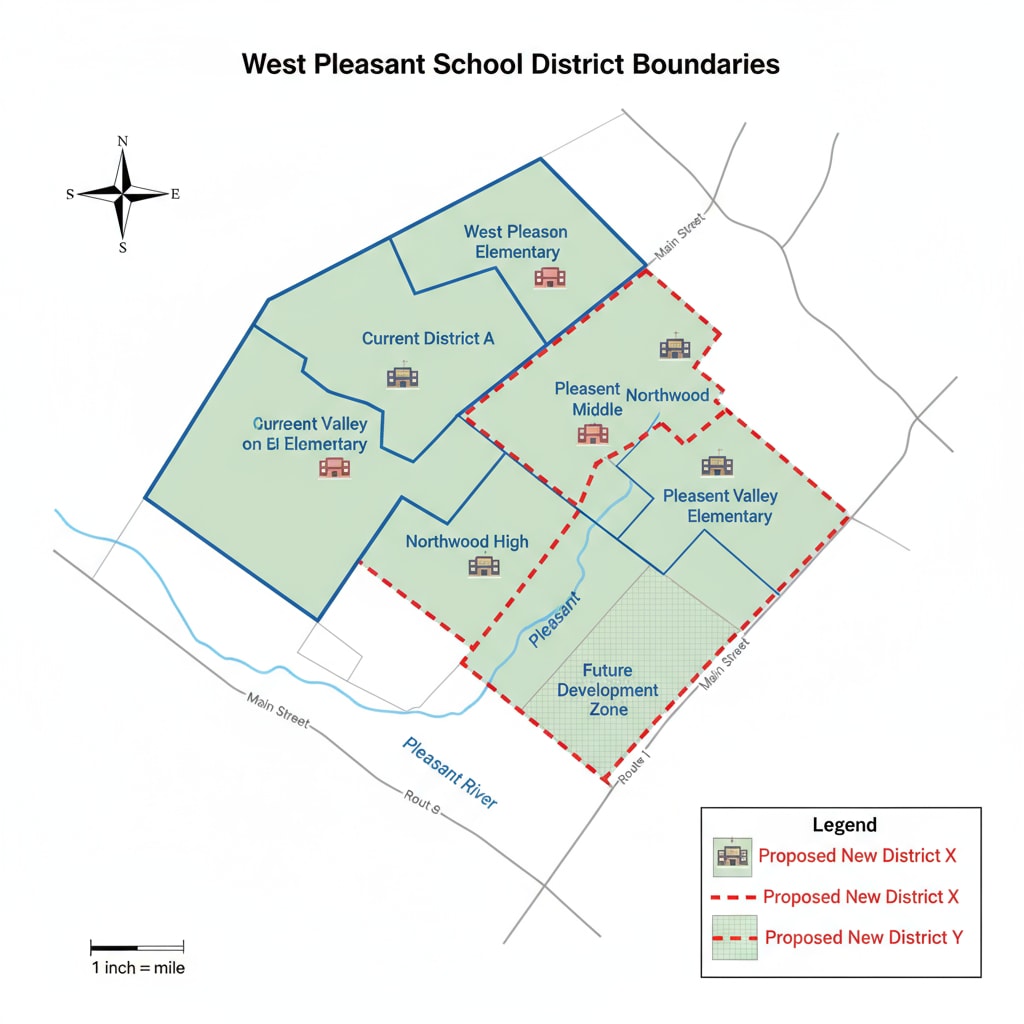A map展示了西普莱森当前和提议的学区边界 Map of current and proposed school district boundaries in West Pleasant related to school district boundary, petition, improper planning
