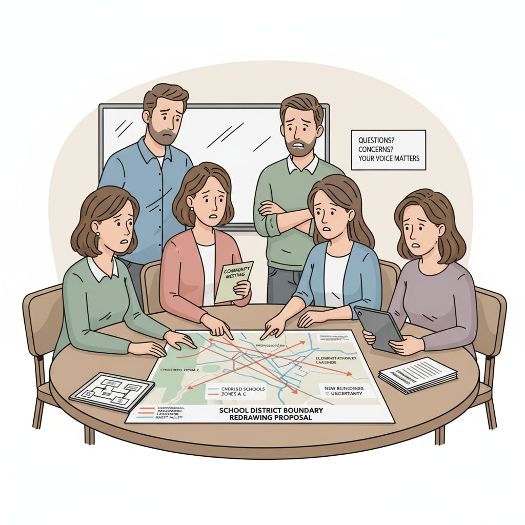 一群忧心的家长正在讨论学区边界重新划分提案 Group of concerned parents discussing school district boundary redrawing proposal relevant to school district boundary, petition, improper planning