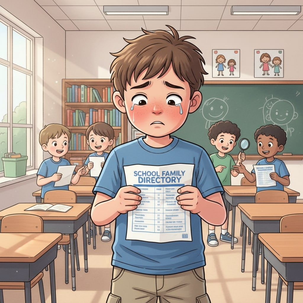 A classroom scene shows a child looking distressed while holding a piece of paper with school family directory information. The child's expression indicates worry and embarrassment. A child in a classroom showing distress due to family directory information related to maternal abandonment and school privacy breach