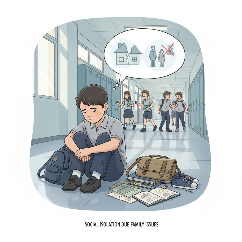 A child is sitting alone in a school corridor, head down, looking sad. There are school bags and books nearby, suggesting the child may be avoiding social interactions due to family - related embarrassment. A sad child in a school corridor affected by family - related embarrassment stemming from school privacy issues