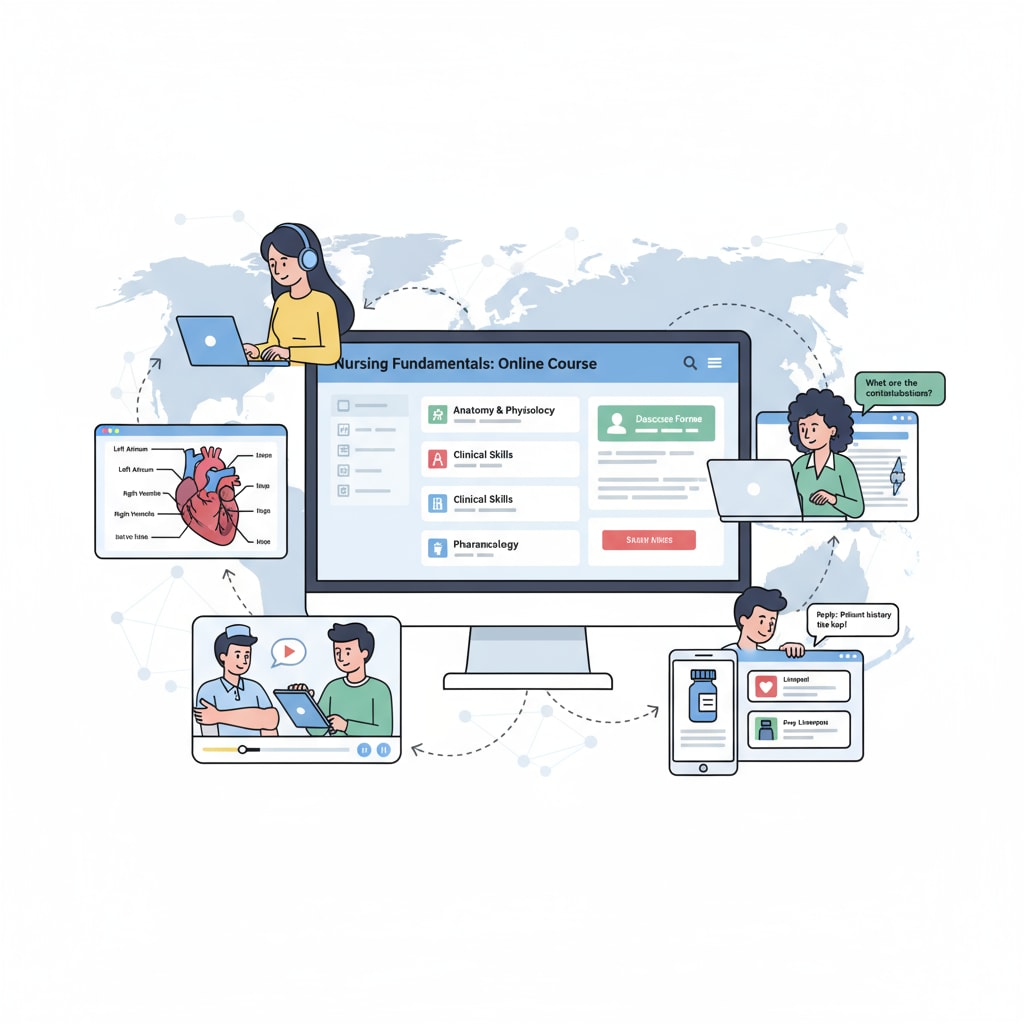 An online learning environment with students actively engaged in studying nursing courses on their computers. Online learning setup for students pursuing nursing degrees without ACT/SAT requirements