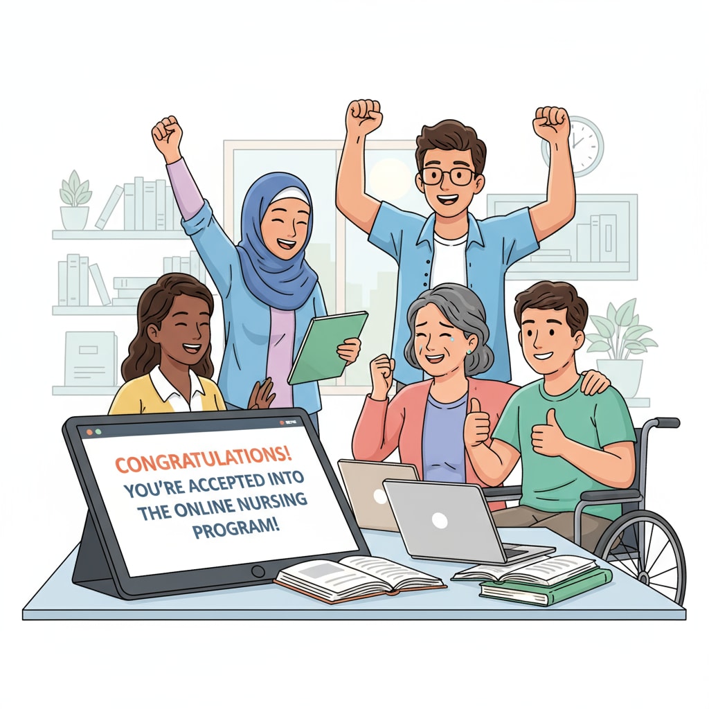 A group of students celebrating their acceptance into an online nursing program, showing joy and excitement. Students celebrating acceptance into an online nursing program with no ACT/SAT needed