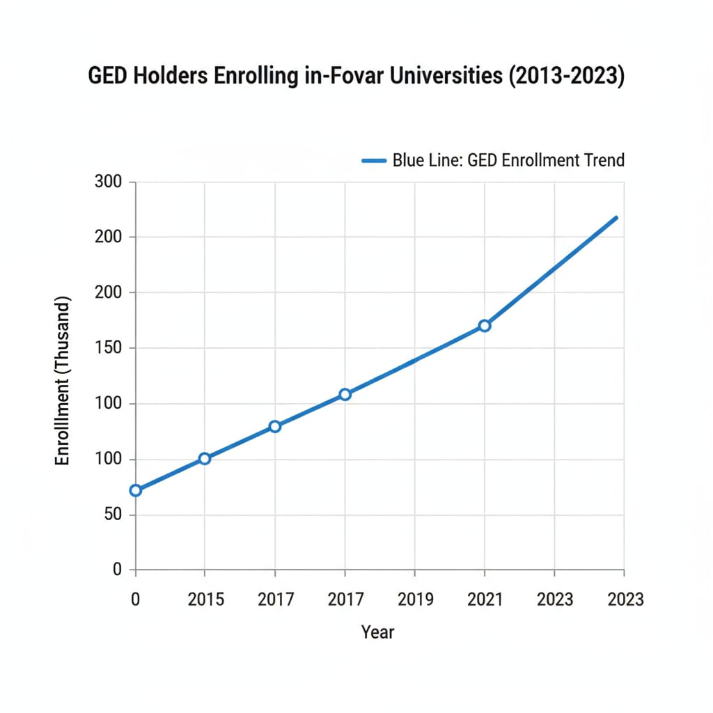 A graph presenting the increasing trend of GED holders enrolling in four-year universities over a decade. Graph showing the enrollment trend of GED holders in four-year universities