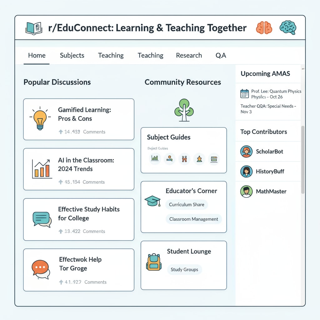 This image shows the main page of the Reddit education community, highlighting various sections and popular posts. The interface of the Reddit education community with community rules, educational network elements, and subreddit resources visible