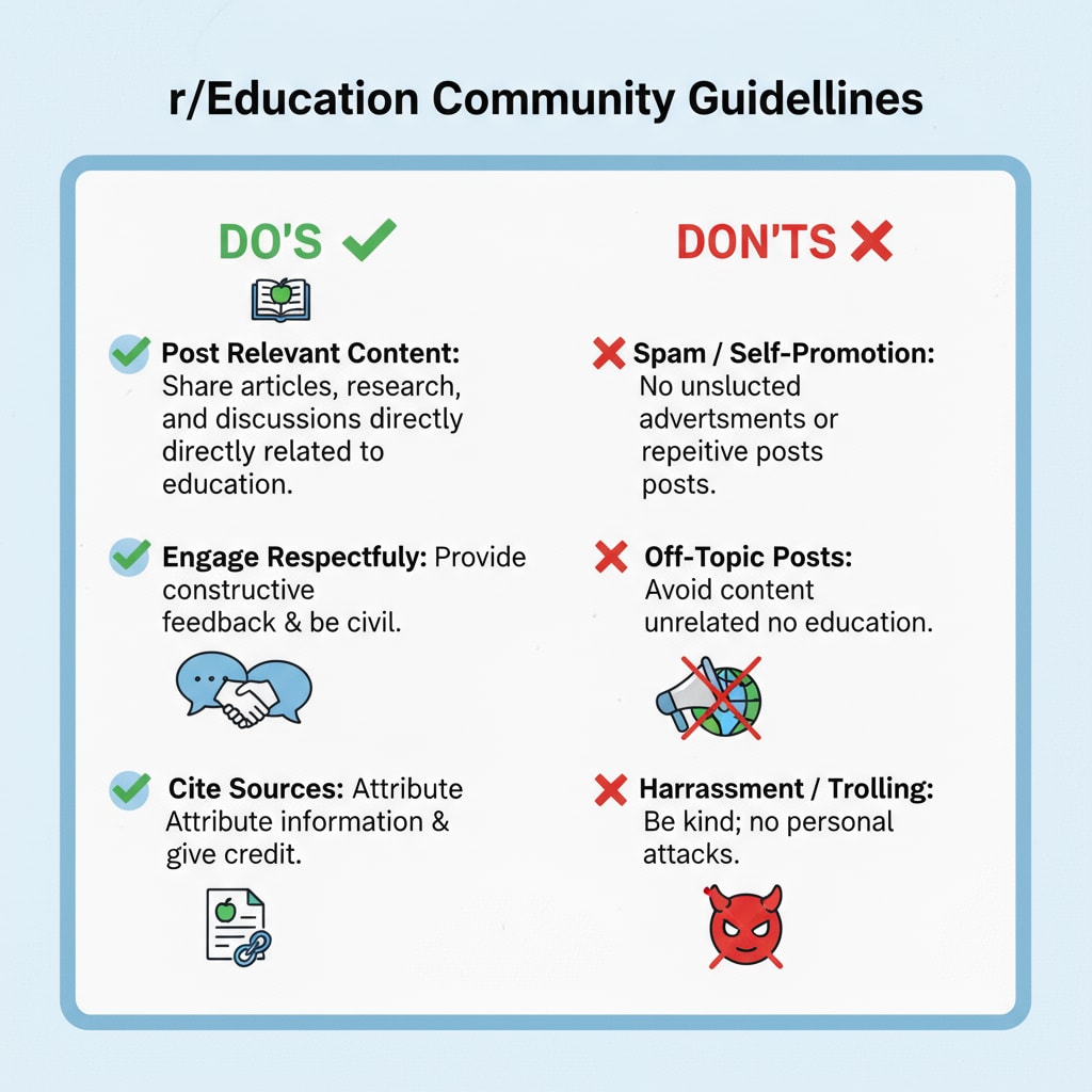 This visual depicts a chart showing the do's and don'ts in the Reddit education community, such as posting relevant content and avoiding spam. A visual guide to the rules in the Reddit education community related to educational network and subreddit resources