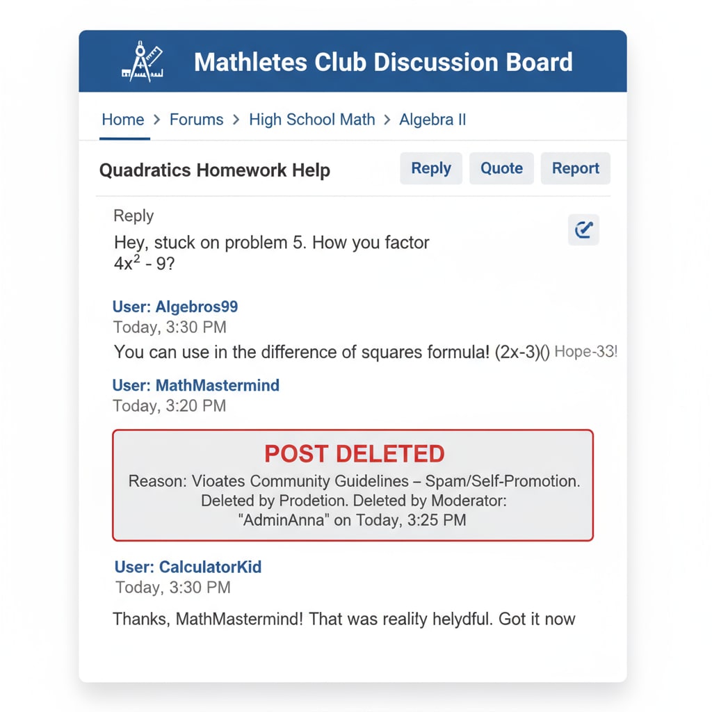 A screenshot of a K12 education forum page with a missing post indicating deletion. The page shows a thread where one post that was previously there is now replaced with a notice of deletion. A screenshot of a K12 education forum with a post deletion indication