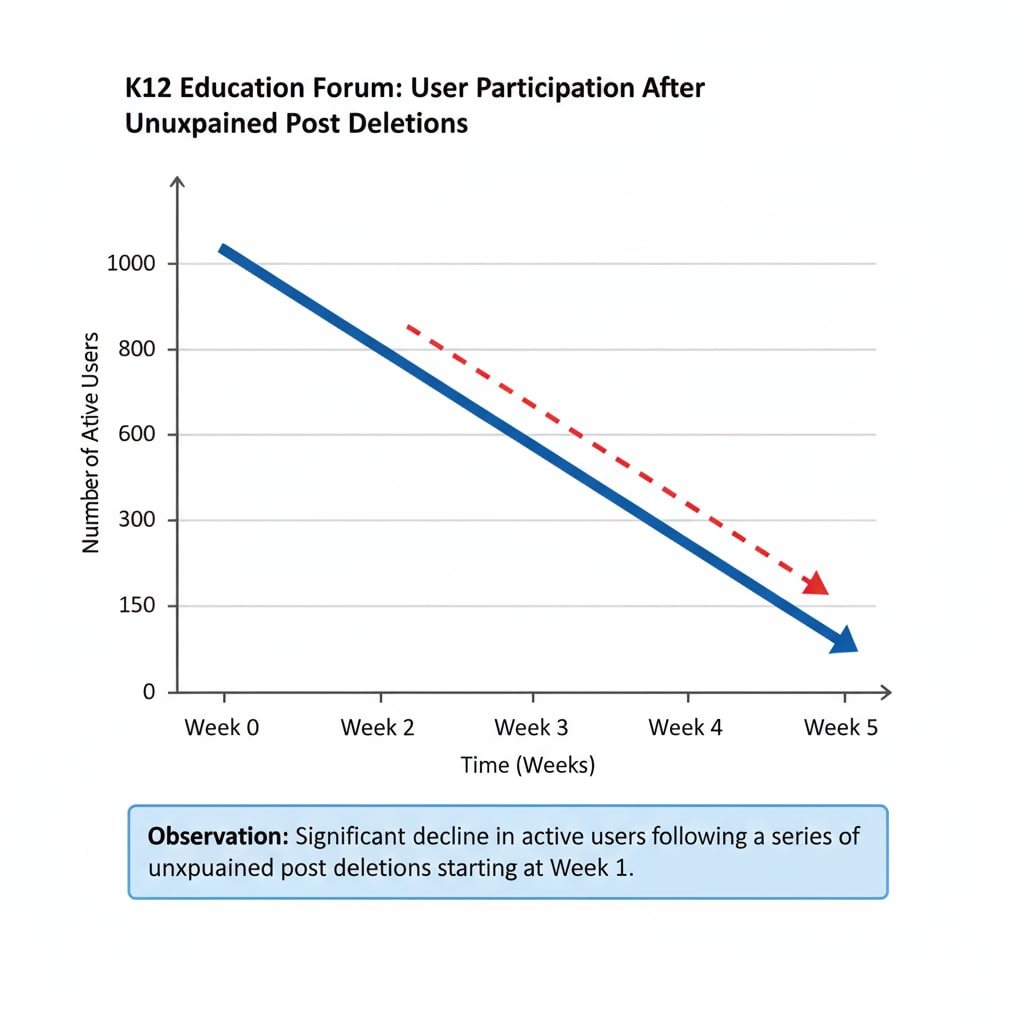A graph showing a decline in user participation after a series of unexplained post deletions in a K12 education forum. The x-axis represents time, and the y-axis represents the number of active users. The line on the graph shows a downward trend. A graph depicting the decline in user participation due to post deletions in a K12 education forum