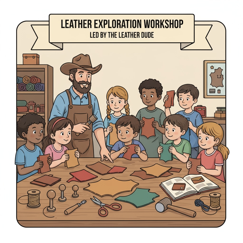 A group of children are gathered around a table, examining leather samples and tools during a leather education activity led by The Leather Dude. There are various colors of leather pieces and simple tools like scissors and punches on the table. Kids exploring leather samples and tools during leather education with The Leather Dude