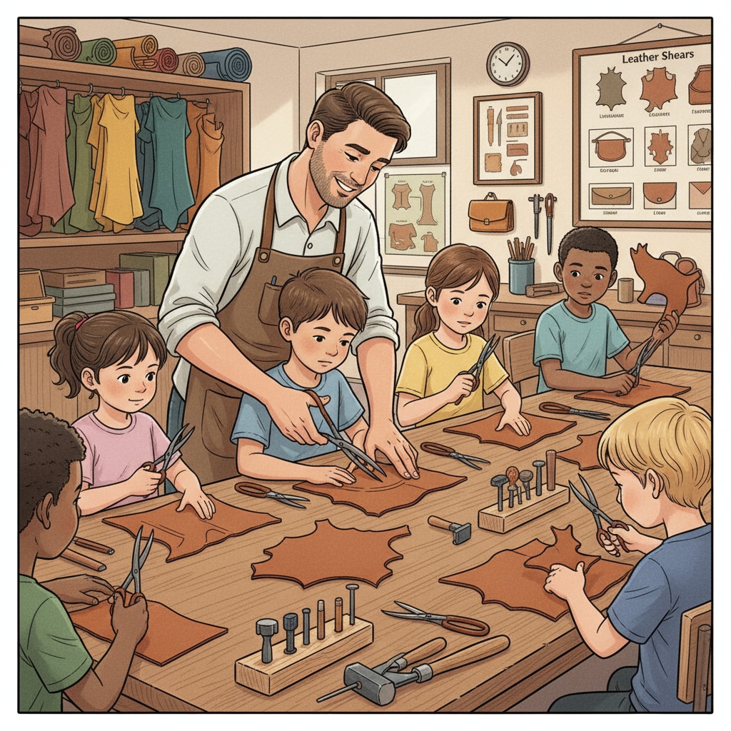 Children are carefully cutting leather pieces under the guidance of an instructor during a leather education session. The instructor is demonstrating the proper way to hold the scissors and cut the leather, and the kids are concentrating on their tasks. Kids cutting leather under guidance during leather education with The Leather Dude