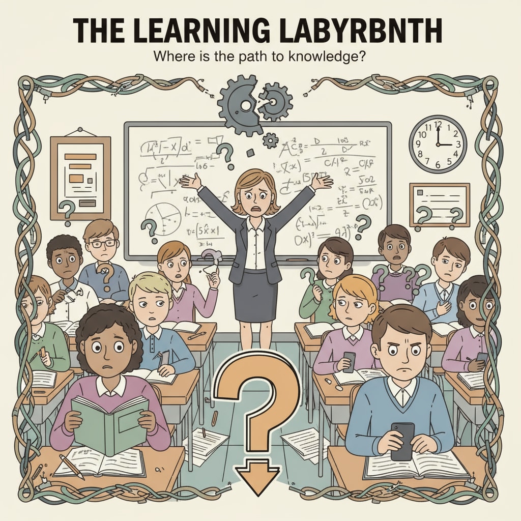 A classroom scene where students seem confused, indicating potential problems in the education system. American public education system with confused students