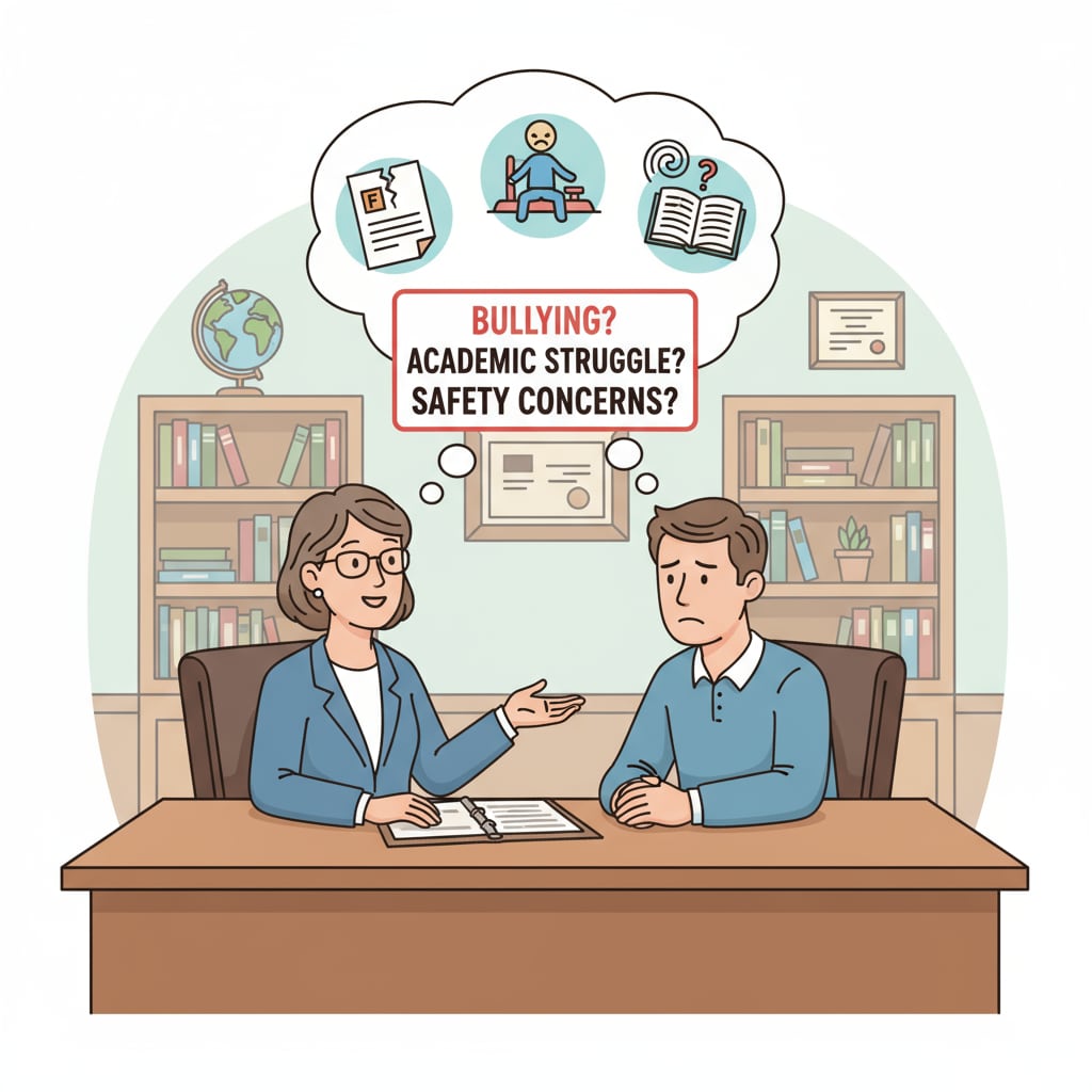 A parent having a serious conversation with a school principal, highlighting parent concerns. Parent expressing concerns to school principal in American public education