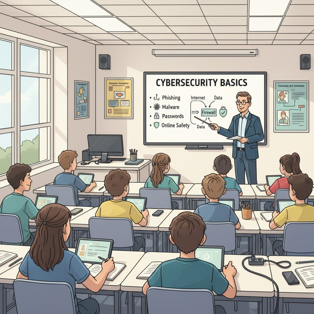 A group of K12 students attentively listening to a cybersecurity lecture. The students are sitting in a classroom, looking at the teacher who is explaining important concepts on a whiteboard. K12 students engaged in a cybersecurity lecture related to teaching methods for better student engagement