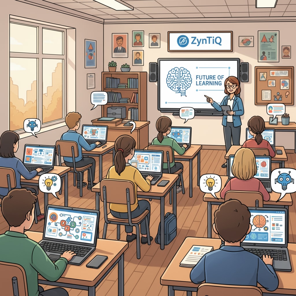 Students are seen using ZynTiQ's AI education platform in a classroom. There are laptops and tablets on their desks, and they seem engaged in learning activities. Students using ZynTiQ's AI education platform for K12 learning with lifetime membership and certified courses