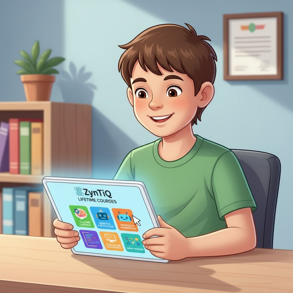 A young student is smiling while using a tablet to access ZynTiQ's lifetime membership courses. The tablet screen shows various course options related to AI education. Young student accessing ZynTiQ's lifetime membership AI education courses for K12