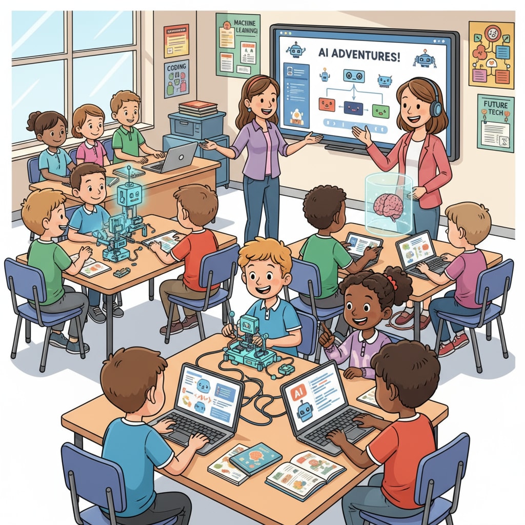 Students in a K12 classroom are actively participating in an activity related to AI, with enthusiasm on their faces. K12 students engaged in an AI - related activity for AI courses, prompt writing, and social popularization
