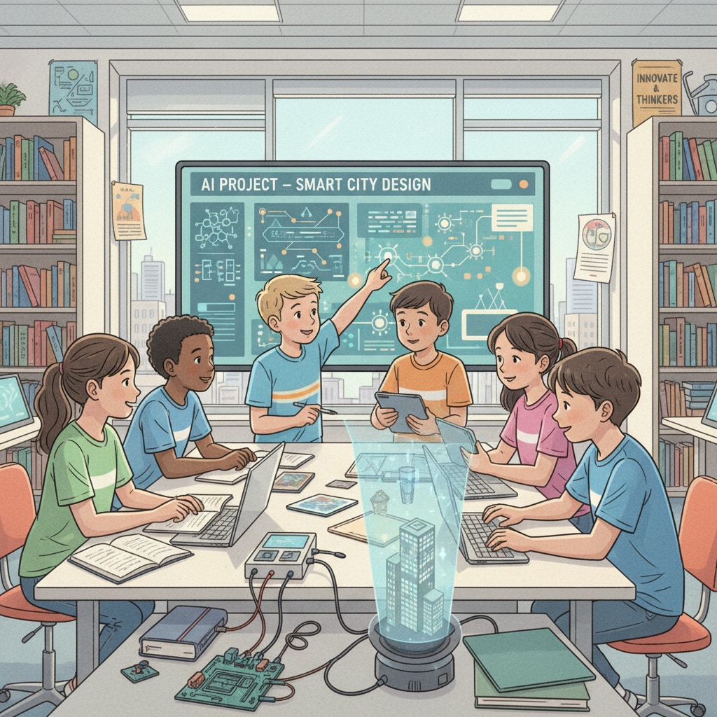 A group of K12 students are working together on an AI project, discussing ideas and collaborating. K12 students collaborating on an AI project for AI courses, prompt writing, and social popularization