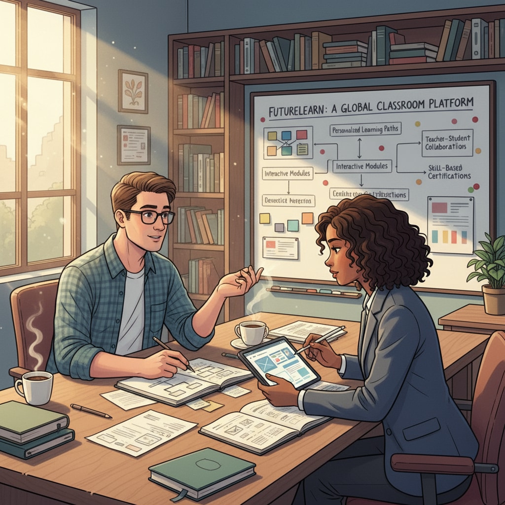 A picture depicting a teacher couple engaged in a deep discussion, jotting down ideas for an educational platform. A teacher couple brainstorming for the Woodward classroom chat teacher platform.