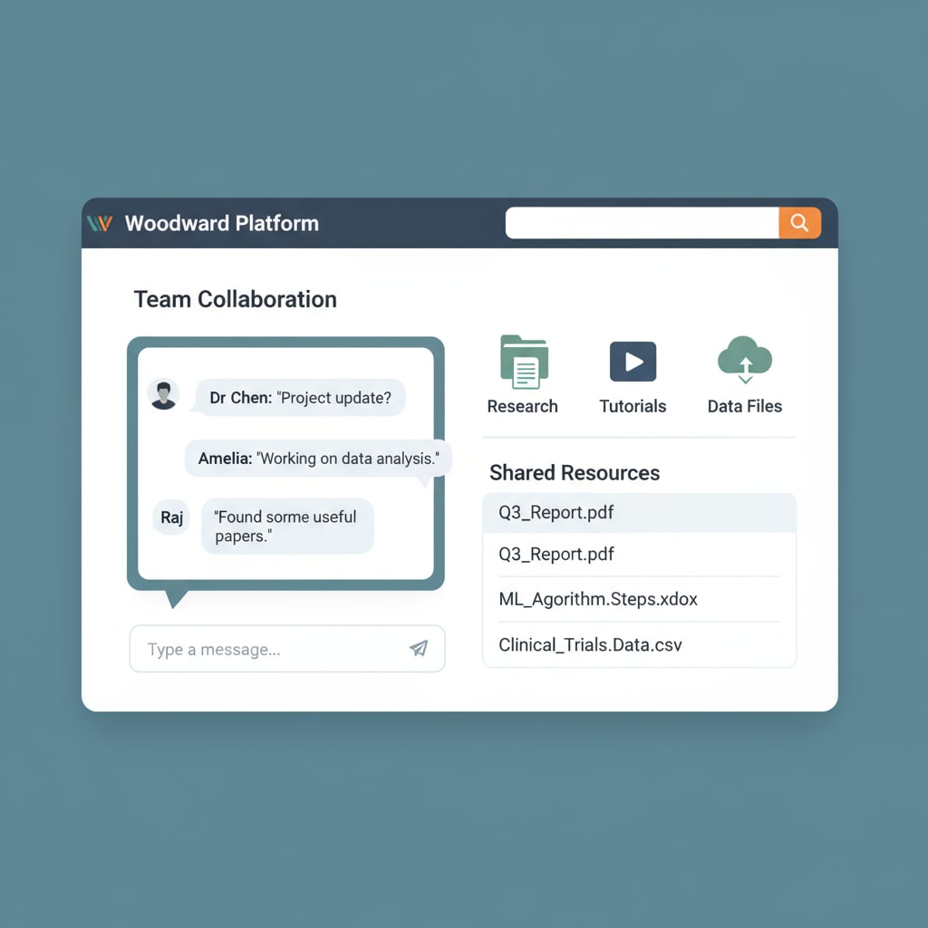 A screenshot展示了Woodward平台的界面,有聊天窗口和资源共享选项。 Screenshot of the Woodward teacher platform for classroom chat showing chat and resource sharing features.