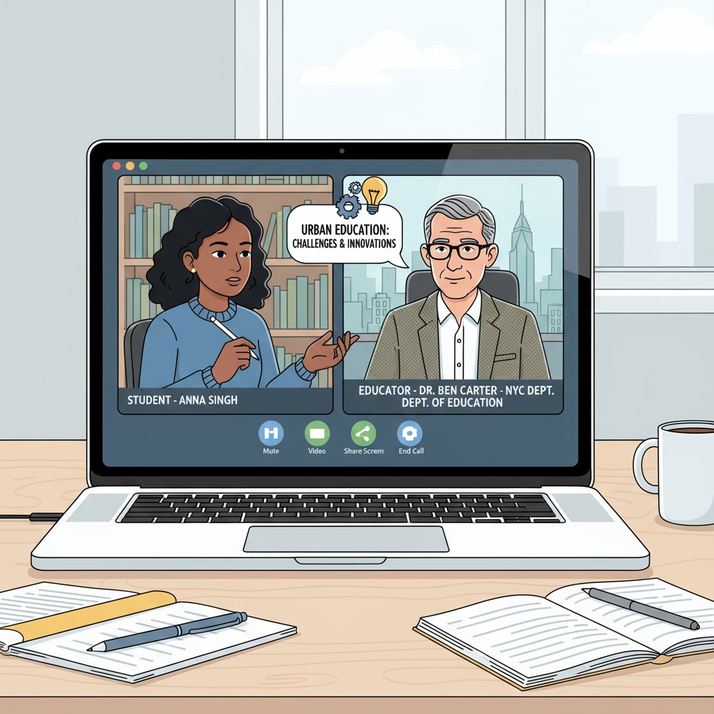 A student is shown on a laptop screen conducting a virtual interview with an educator from the New York education system. The educator is sharing insights and experiences related to urban education. A student conducting a virtual interview with an educator from the New York education system as part of university projects, urban education, and virtual interviews