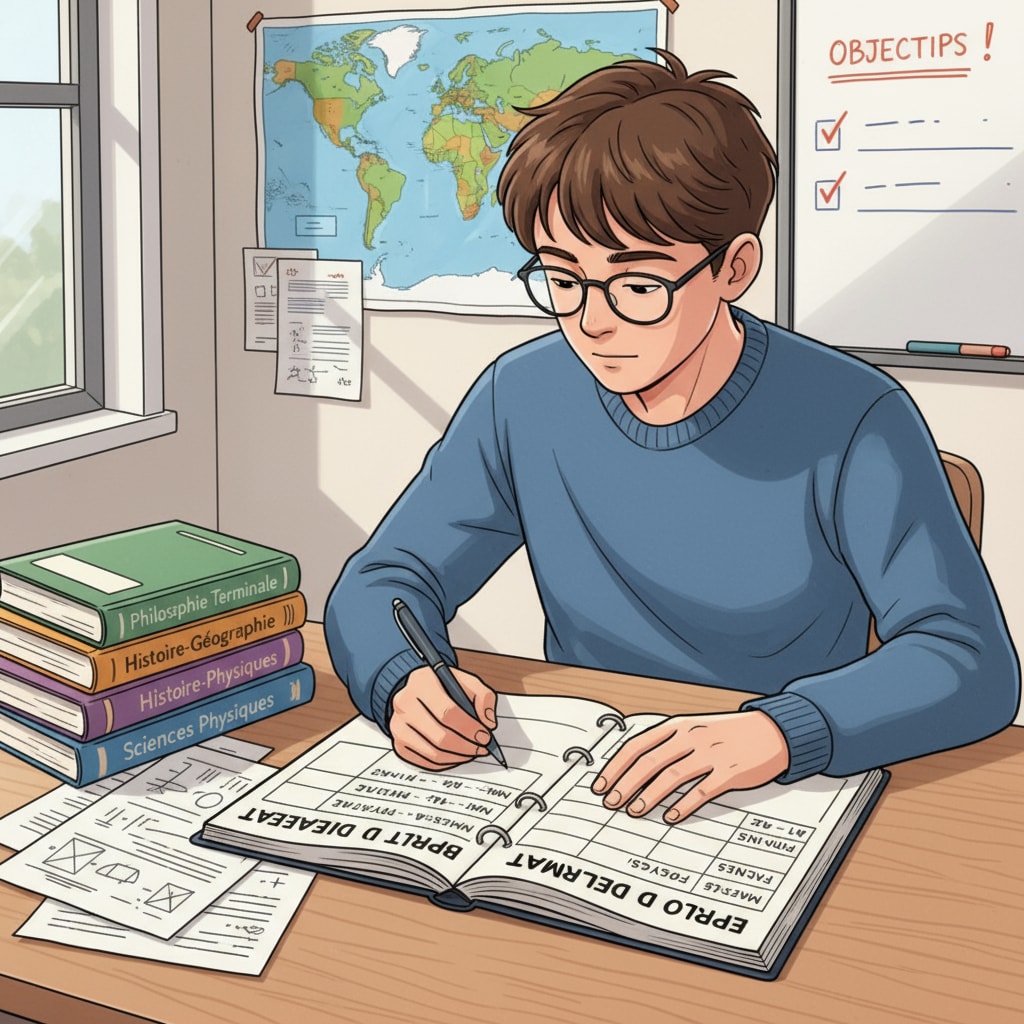 A student is sitting at a desk, carefully writing down a study schedule for baccalauréat preparation, with books and papers neatly arranged beside. A student planning study time for baccalauréat preparation