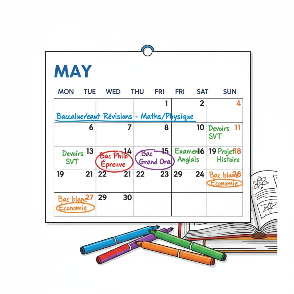 A student is marking important study times for baccalauréat and regular schoolwork on a calendar, using colored pens to distinguish different tasks. A student using a calendar for baccalauréat and schoolwork time management