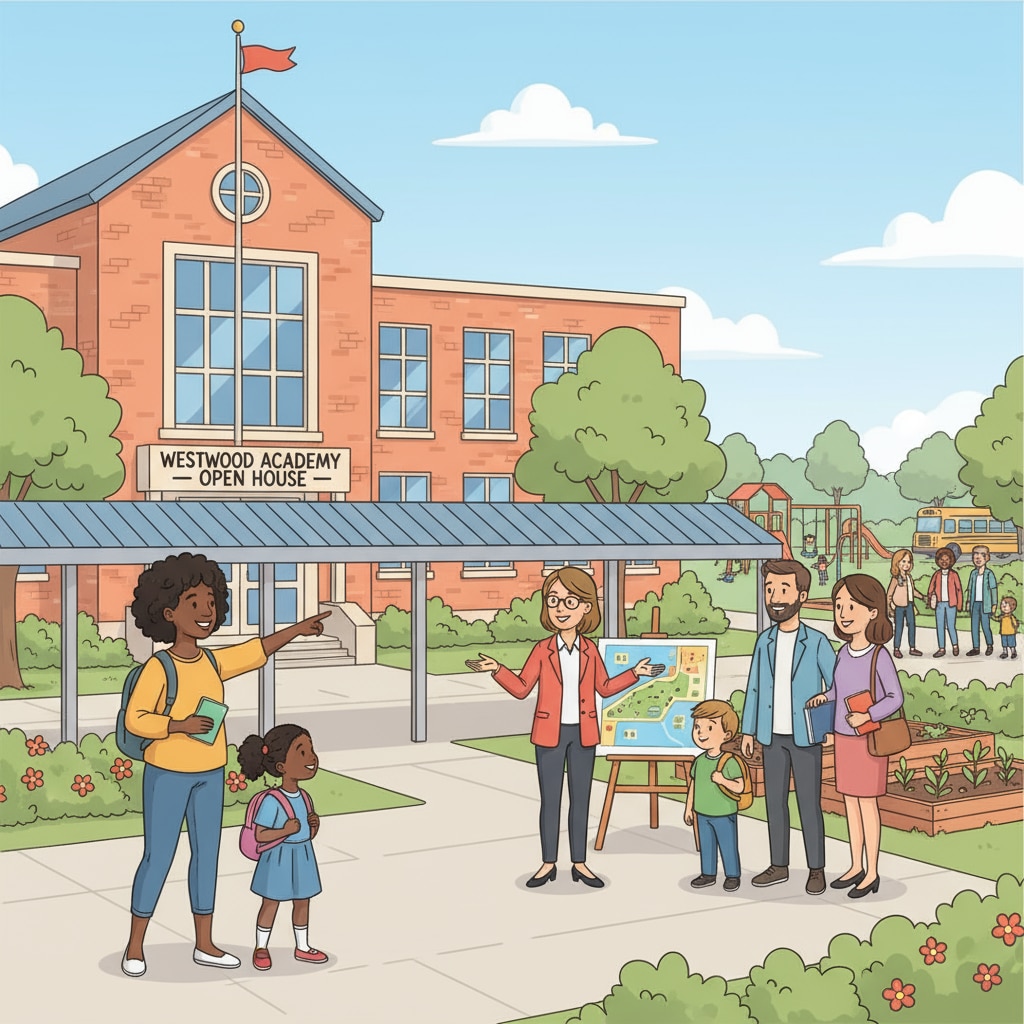 A group of parents and children are walking around a public school campus, looking at the buildings and interacting with teachers. Parents and children exploring a public school during a school visit for educational choice