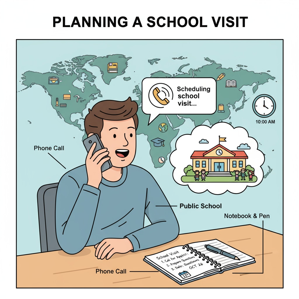 A parent is sitting at a desk, making a phone call to schedule a visit to a public school, with a notebook and pen nearby. Parent making a phone call to arrange a public school visit for educational choice