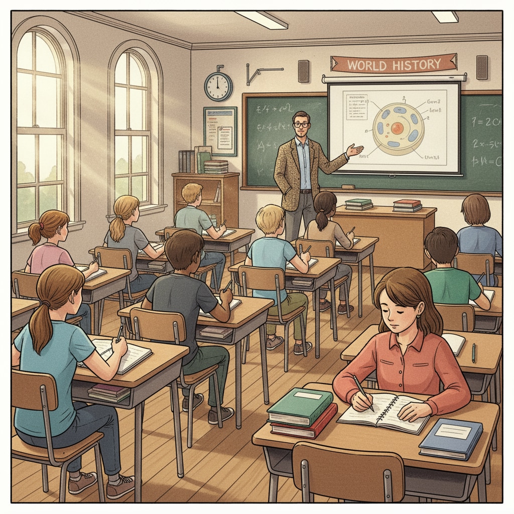 Students sitting in a traditional high school classroom, listening to the teacher and taking notes. Students in a traditional high school classroom related to high school education and diploma choices