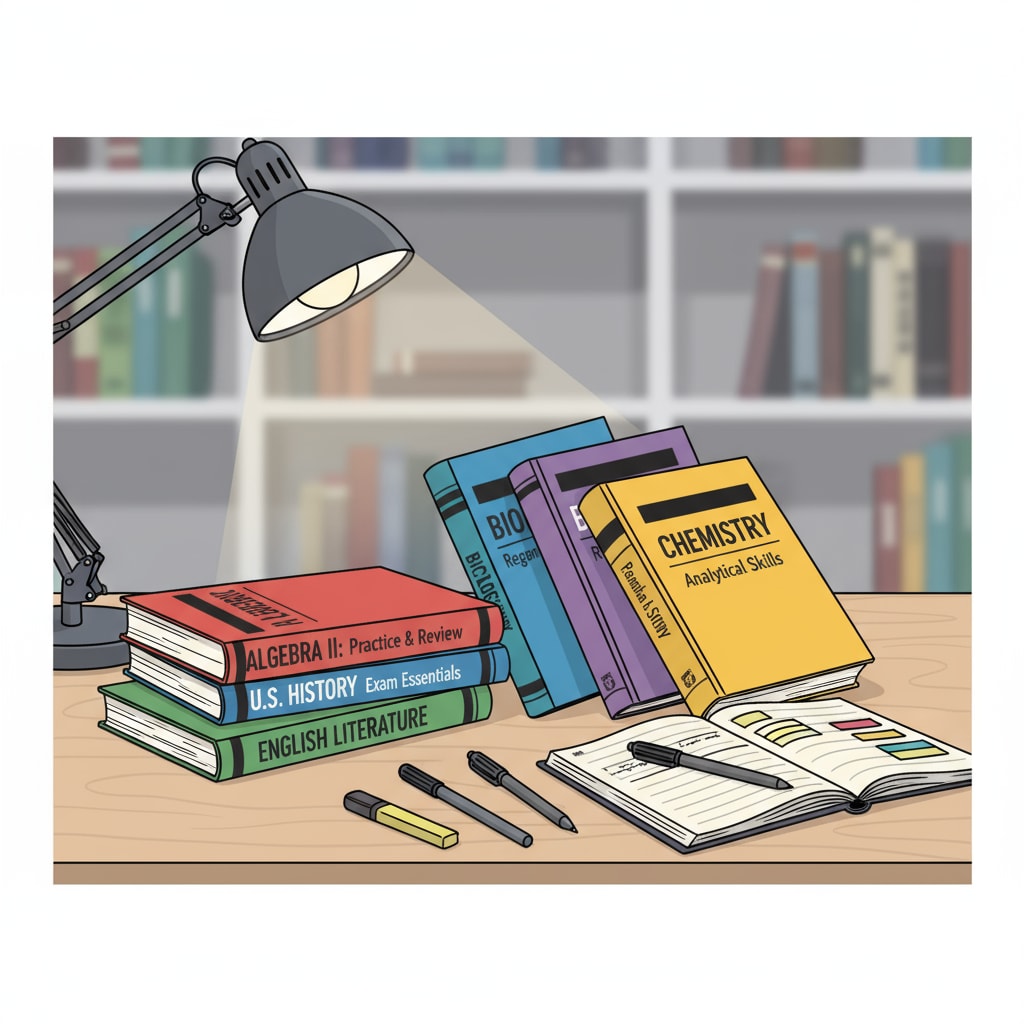 A collection of high school review workbooks neatly arranged on a study desk, showing different subjects' workbooks. High school review workbooks for various subjects including algebra.
