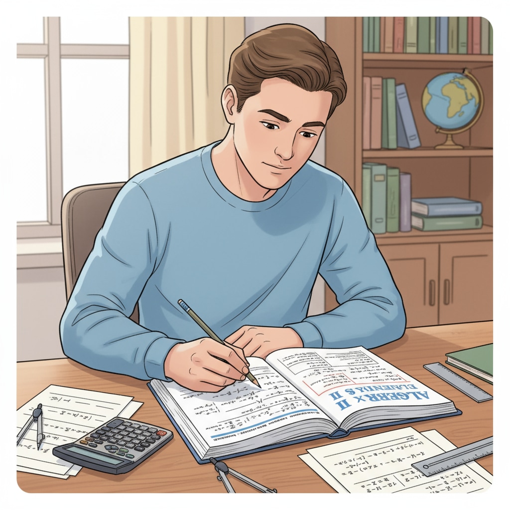 A student carefully studying an algebra workbook with a pencil in hand, concentrating on solving equations. A student studying an algebra workbook to enhance high school basic skills.