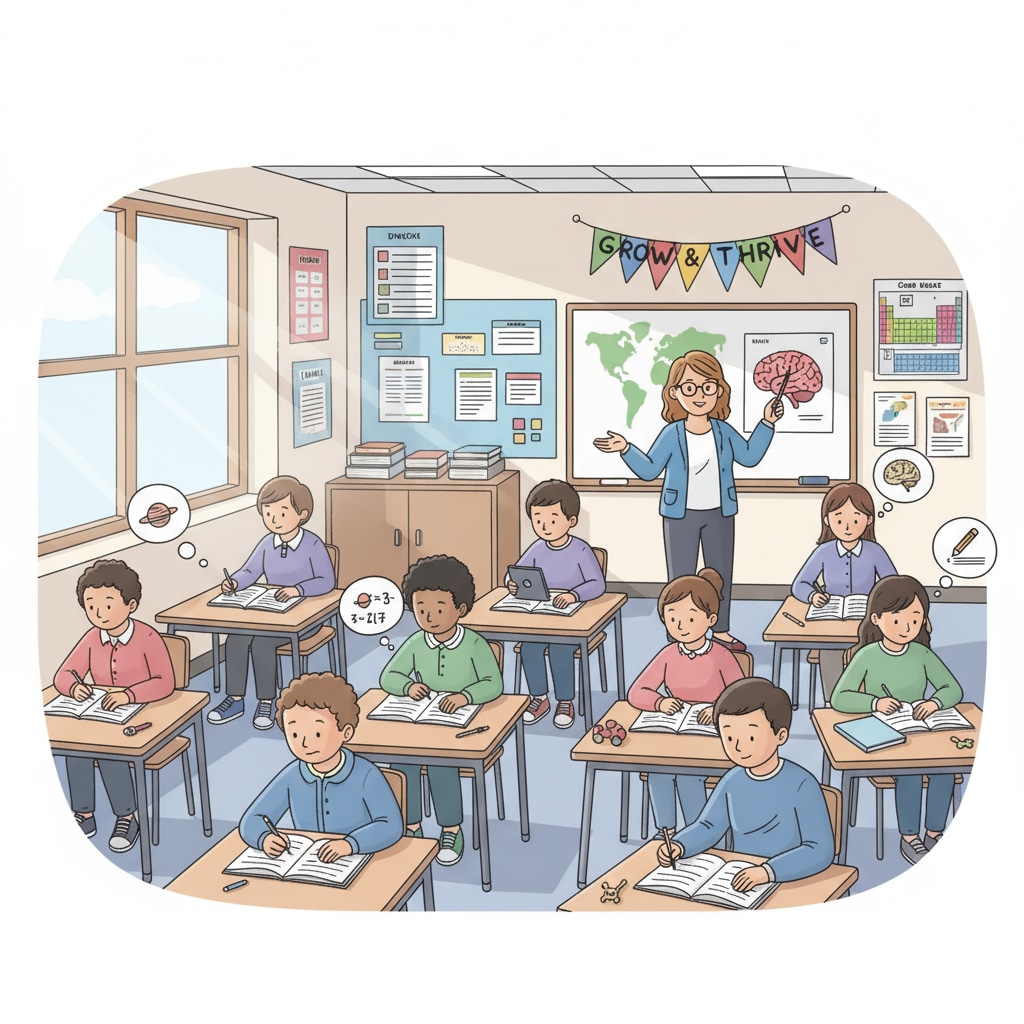 A group of students with autism spectrum disorder are sitting at desks, focused on their high school assignments in a classroom with supportive learning materials around. Students with autism spectrum disorder concentrating on high school assignments in a supportive environment
