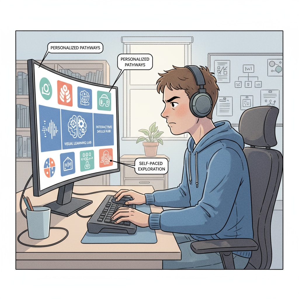 A student with autism spectrum disorder is sitting in front of a computer, exploring different alternative learning platforms with a determined expression. Student with autism spectrum disorder exploring alternative learning platforms
