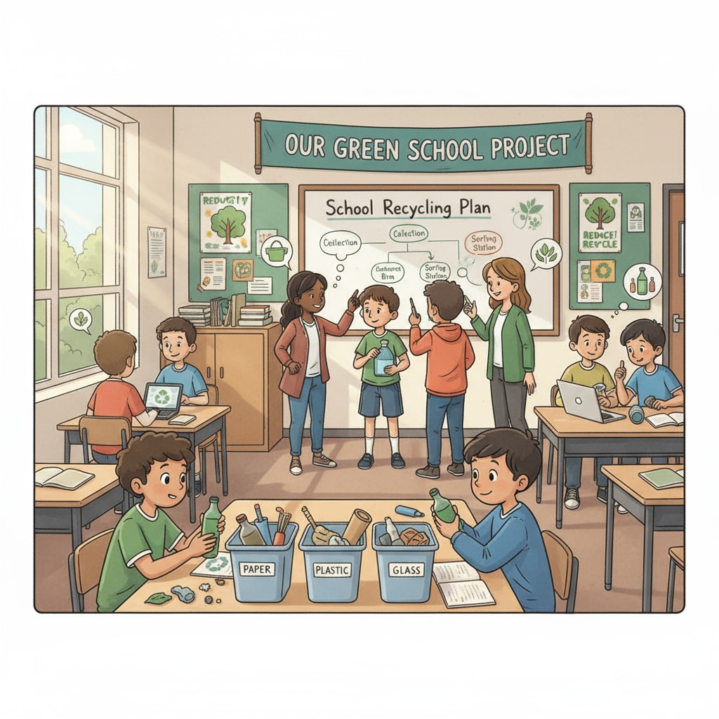 A classroom filled with students actively involved in an environmental project, such as creating a recycling plan for the school. Students in a K-12 school engaged in conservation education project related to environmental issues