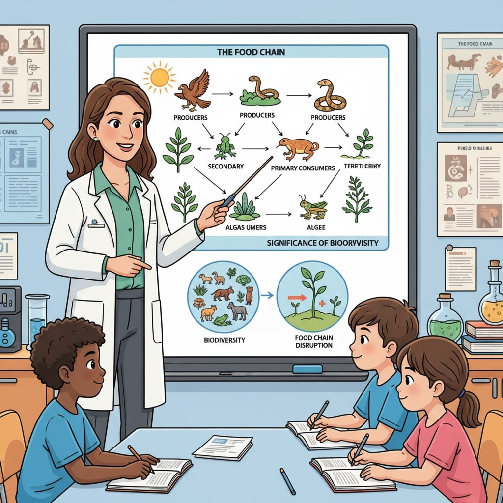 A teacher is explaining environmental concepts, like the food chain and its importance in maintaining biodiversity, to students in a science class. A K-12 teacher educating students on environmental concepts as part of conservation education