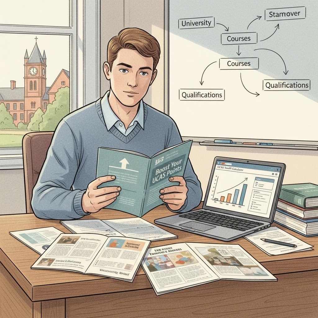 An A-Levels graduate is sitting at a desk, looking at brochures about options to boost UCAS points, showing a thoughtful expression. A-Levels graduate considering options for boosting UCAS points